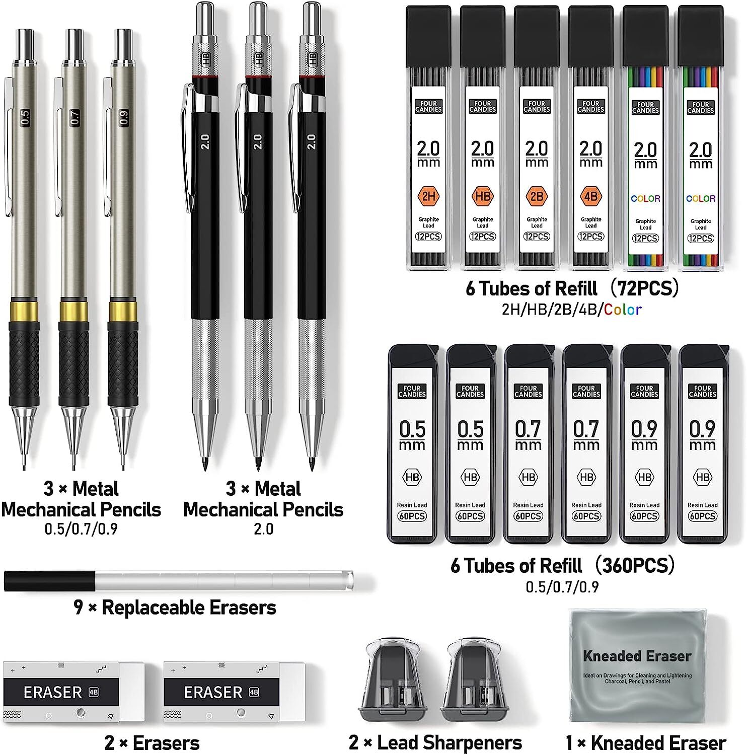 6 PCS Art Mechanical Pencils Set Metal Artist Drafting Pencil 0.2, 0.5 , 0.7,0.9