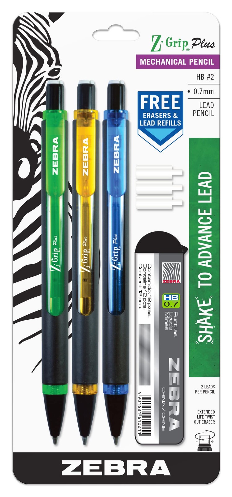 Zebra Pen Z-Grip Plus Mechanical 1 Count (Pack of 3), Green/Yellow/Blue