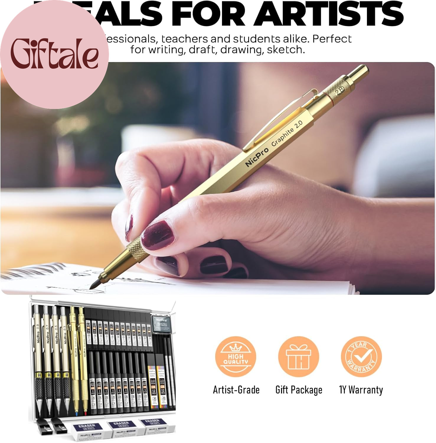 37PCS Gold Art Mechanical Pencil Set, 4PCS Metal Drafting Pencil 0.3/0.5/0.7/0.9