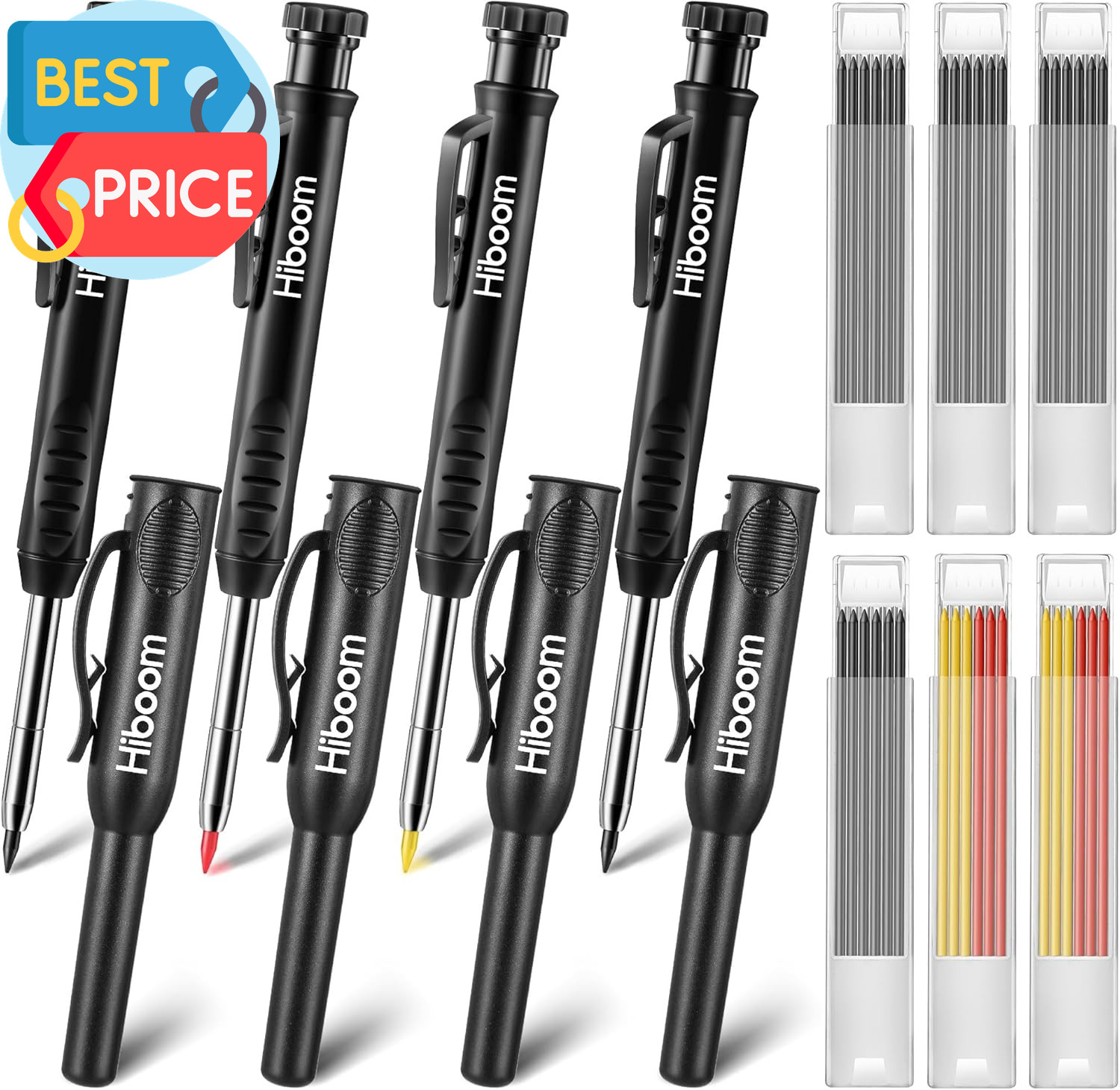 4 Pack Carpenter Pencil with 24 Refills (Red, Black, Yellow), 2.8 Mm Heavy Duty
