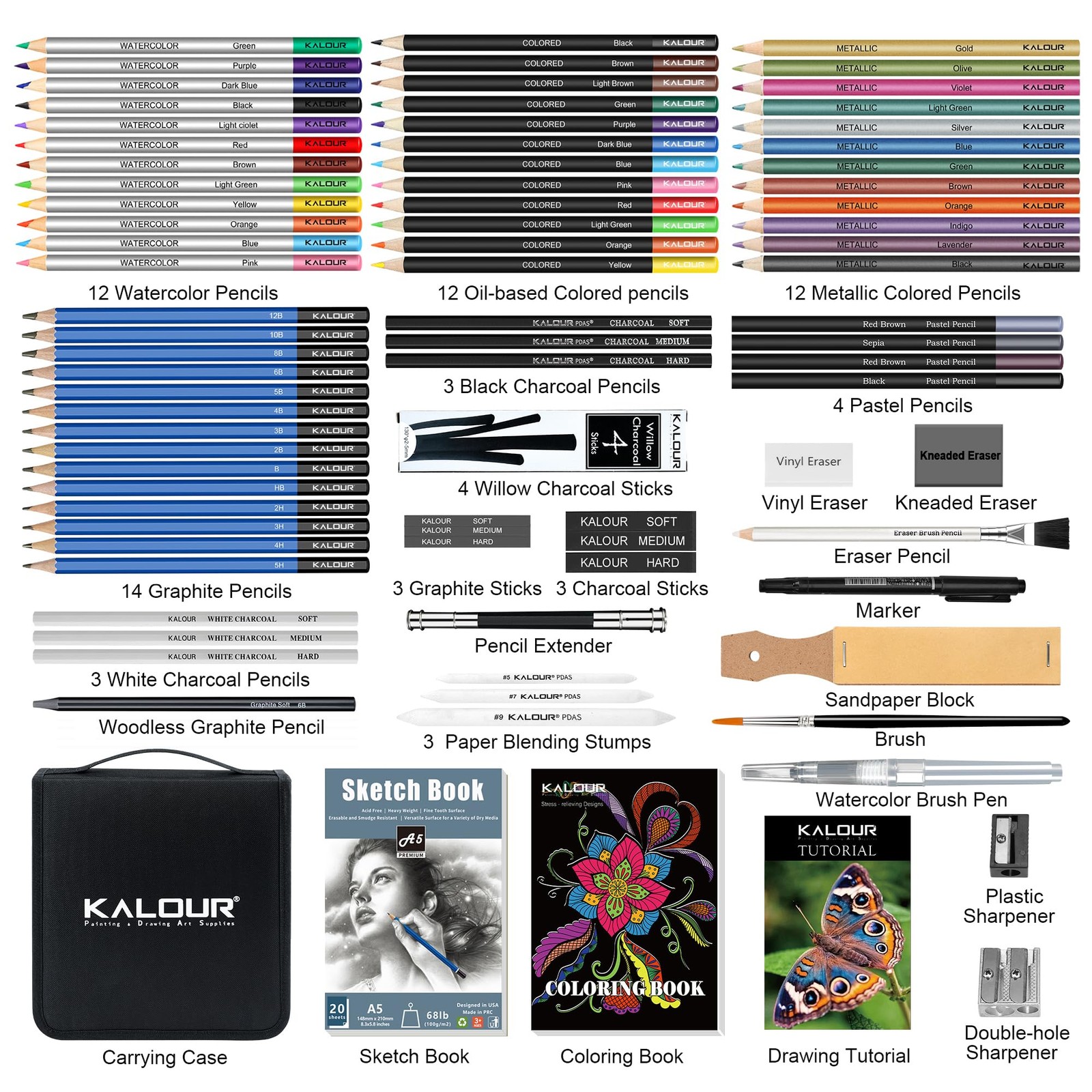 KALOUR 82 Pack Drawing Sketching Kit, Pro Art Supplies 104 Piece Set, Black