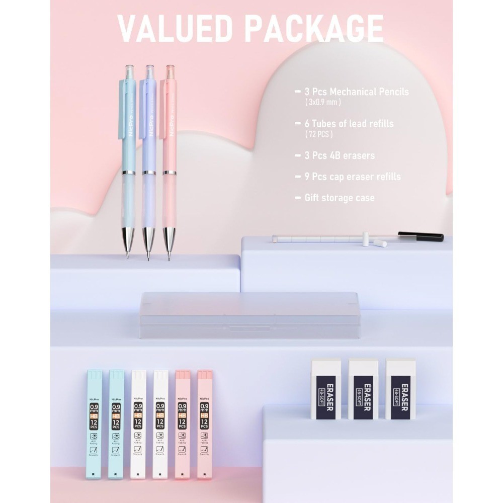 Pastel Mechanical Pencil Set 0.9mm, 3 Pencils with HB Lead Refills, 3 Erasers