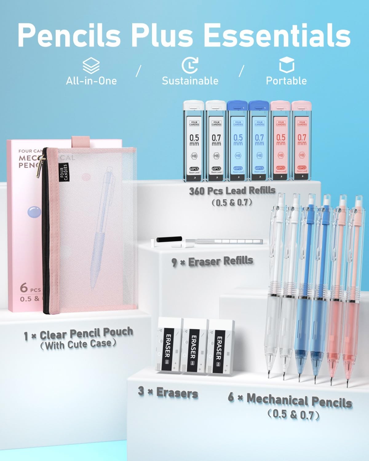 6 PCS Aesthetic Mechanical Pencil Set with Case 0.5 0.7mm 360 HB Refills