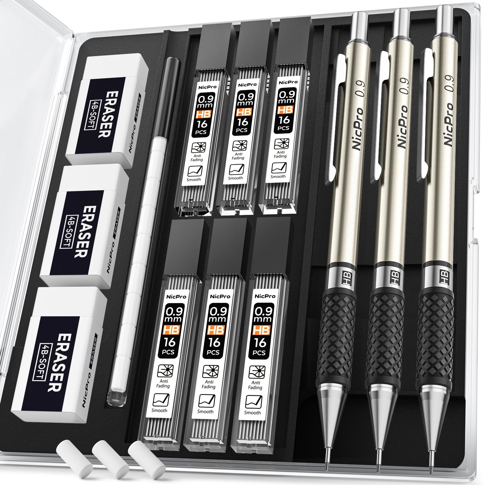 Nicpro 0.9 mm Art Mechanical Pencil Set in Storage Case, 3 0.9mm, Metallic