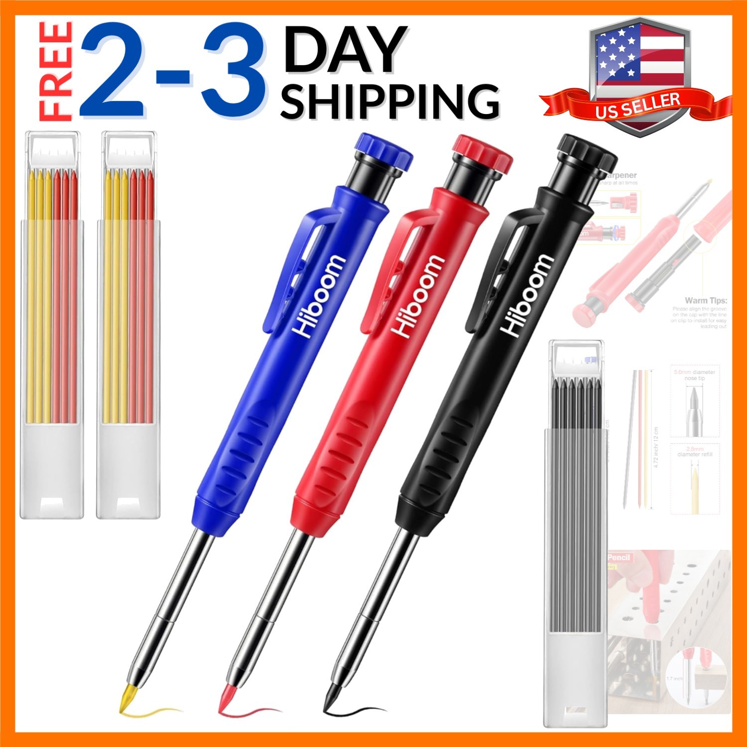 3 Pack Solid Carpenter Pencil with 21 Refill, Long Nosed Deep Hole Mechanical…