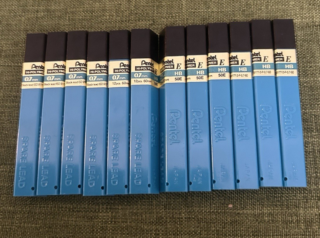 8 boxes Pentel Hi-Polymer Pencil Lead Refill 0.7mm 50E-HB, 12 pieces (12 PACKS)
