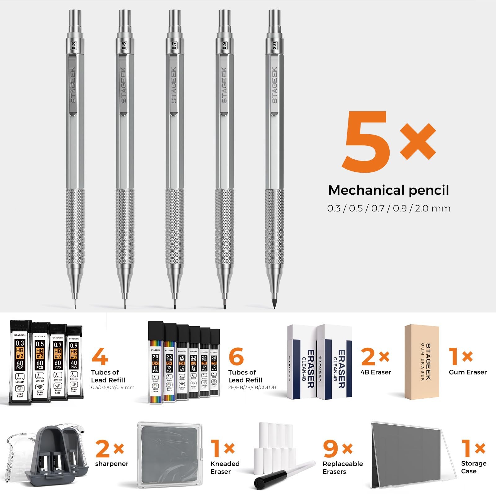 21 PCS Metal Mechanical Pencil Set 0.3-2mm Art Lead Holder with HB 2H 2B 4B