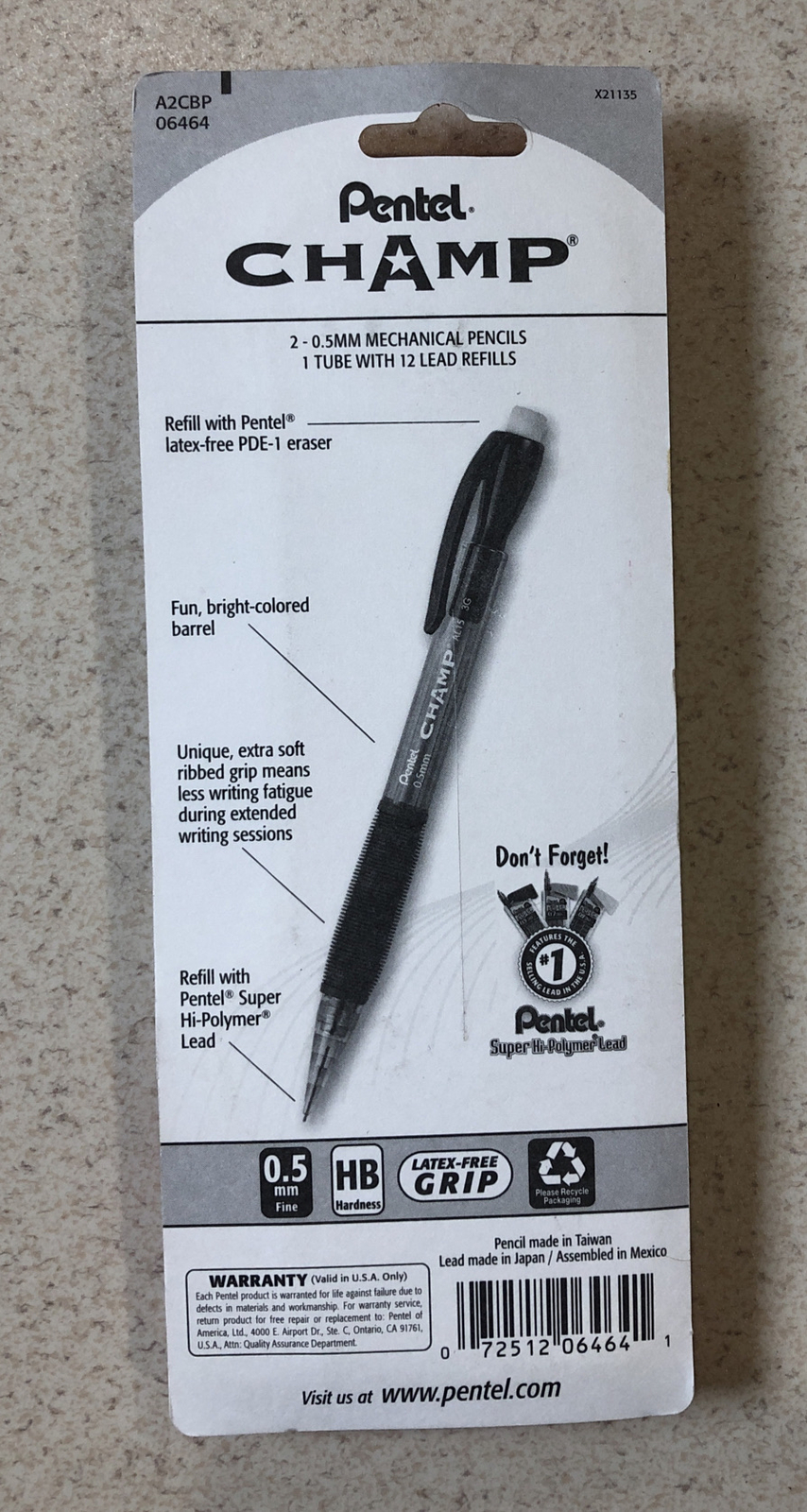 Pentel Champ Mechanical Pencils – Charcoal Grey Barrels 2 Pk 0.5 mm Lead