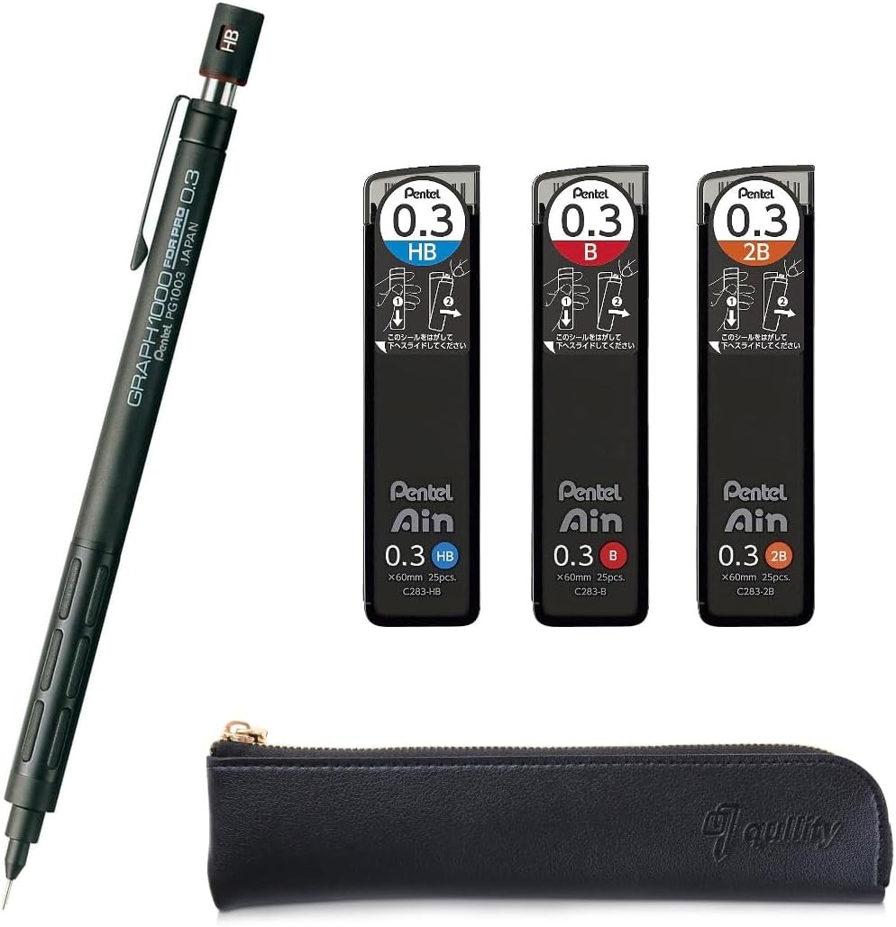 Pentel Graph 1000 for Pro 0.3mm Drafting Pencil Set with Ain Leads and Case