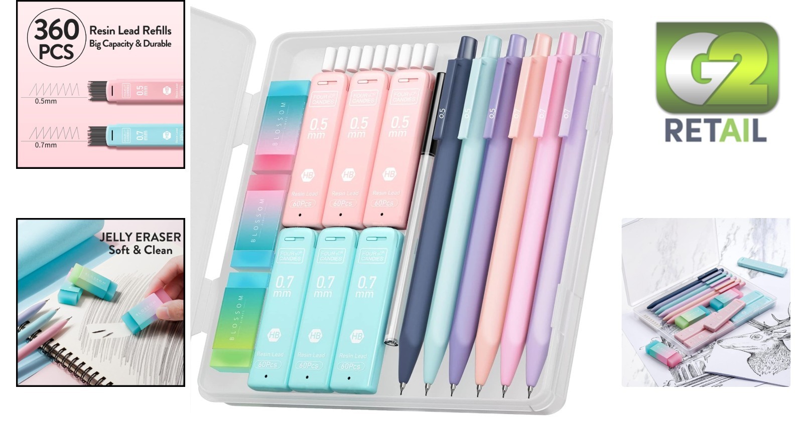 Delightful Pastel Mechanical Pencil Set with Multiple Nib Sizes & Erasers
