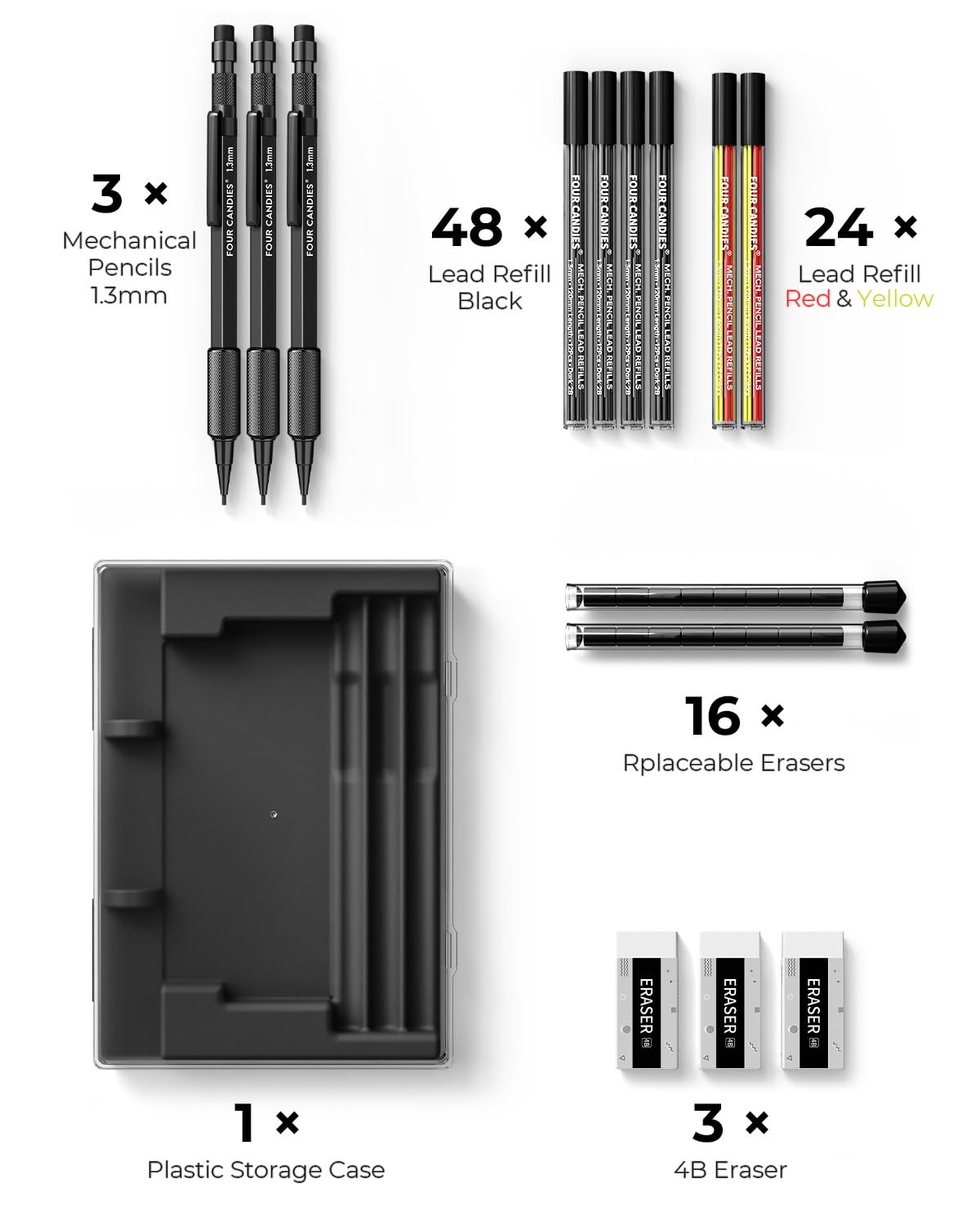3PCS 1.3mm Metal Mechanical Pencil Set with Case Black