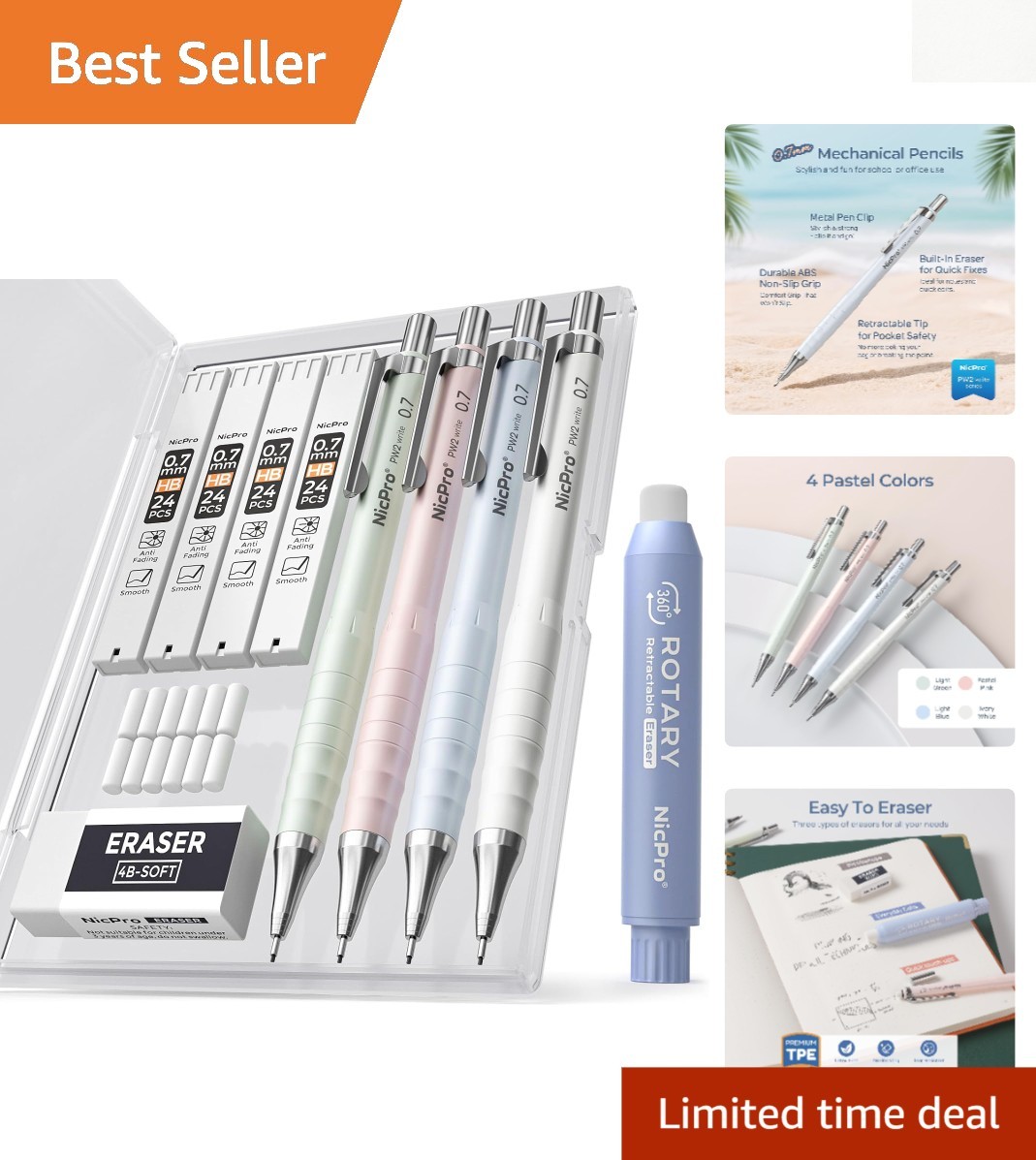 All-in-One Aesthetic 4PCS Mechanical Pencils, Lead Refills & Erasers for School