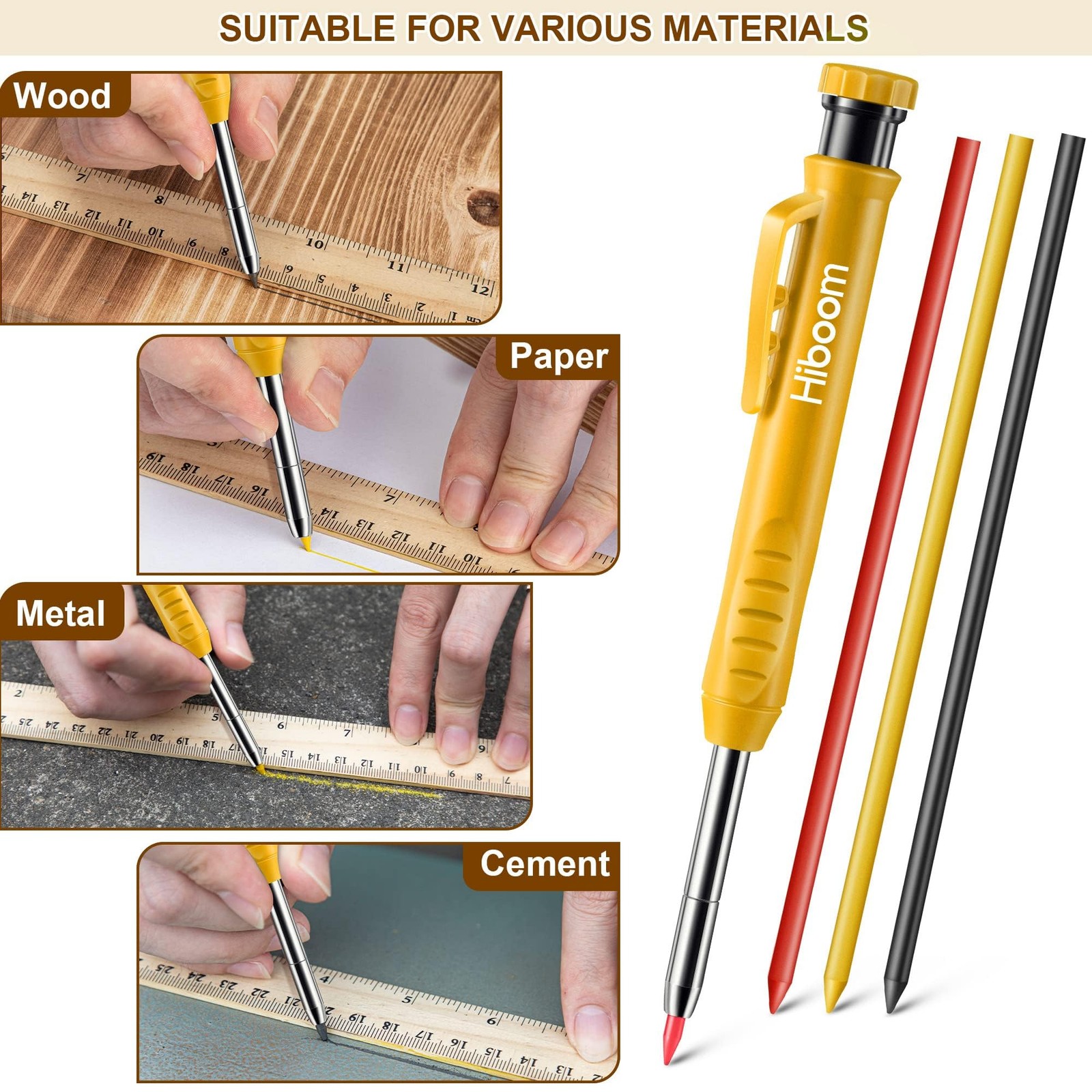 Hiboom 2 Pack Solid Carpenter Pencils with Pencil Cap and 18 Refills, Yellow