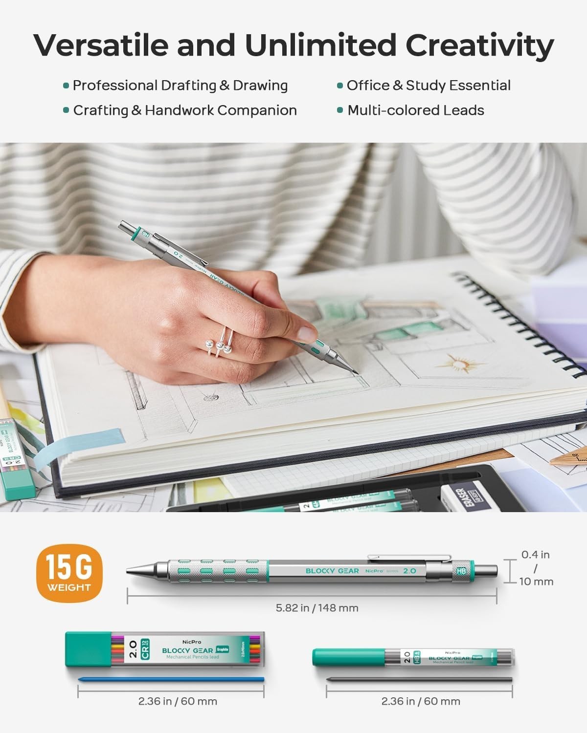 2mm Mechanical Pencils with Assorted Lead Hardness & Complete Eraser Kit