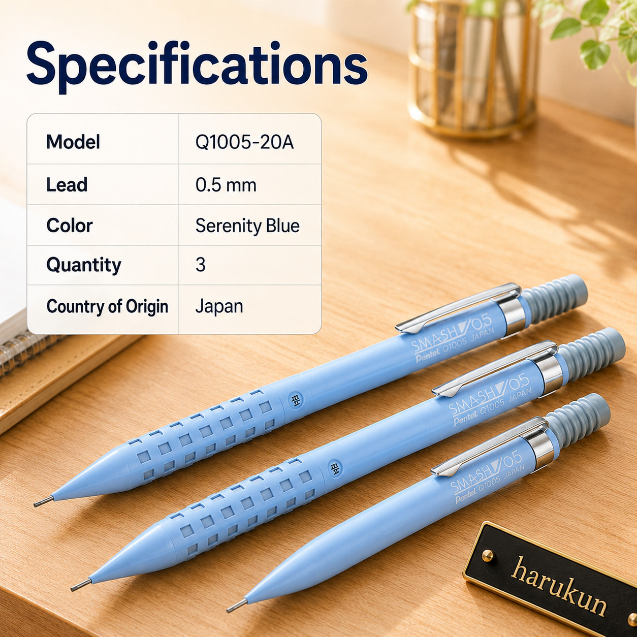 Pentel Smash Q1005-20A Serenity Blue 0.5mm Mechanical Pencil 3pcs Set