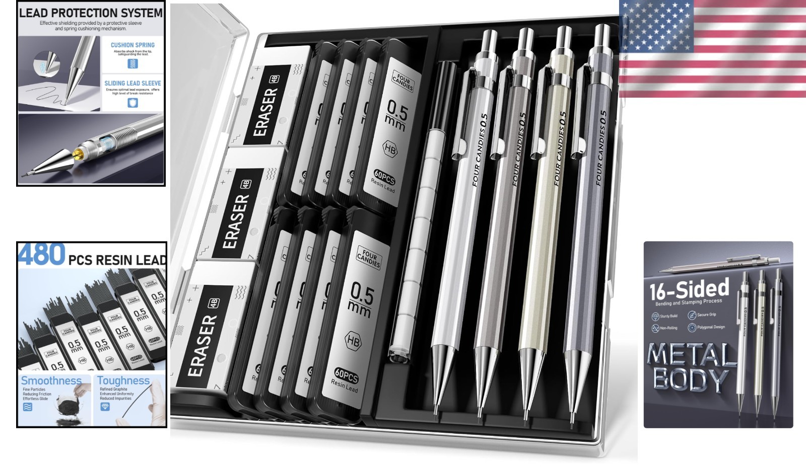 0.5Mm Mechanical Pencil Set with Case – 4PCS Metal Mechanical Pencils, 8 Tubes H