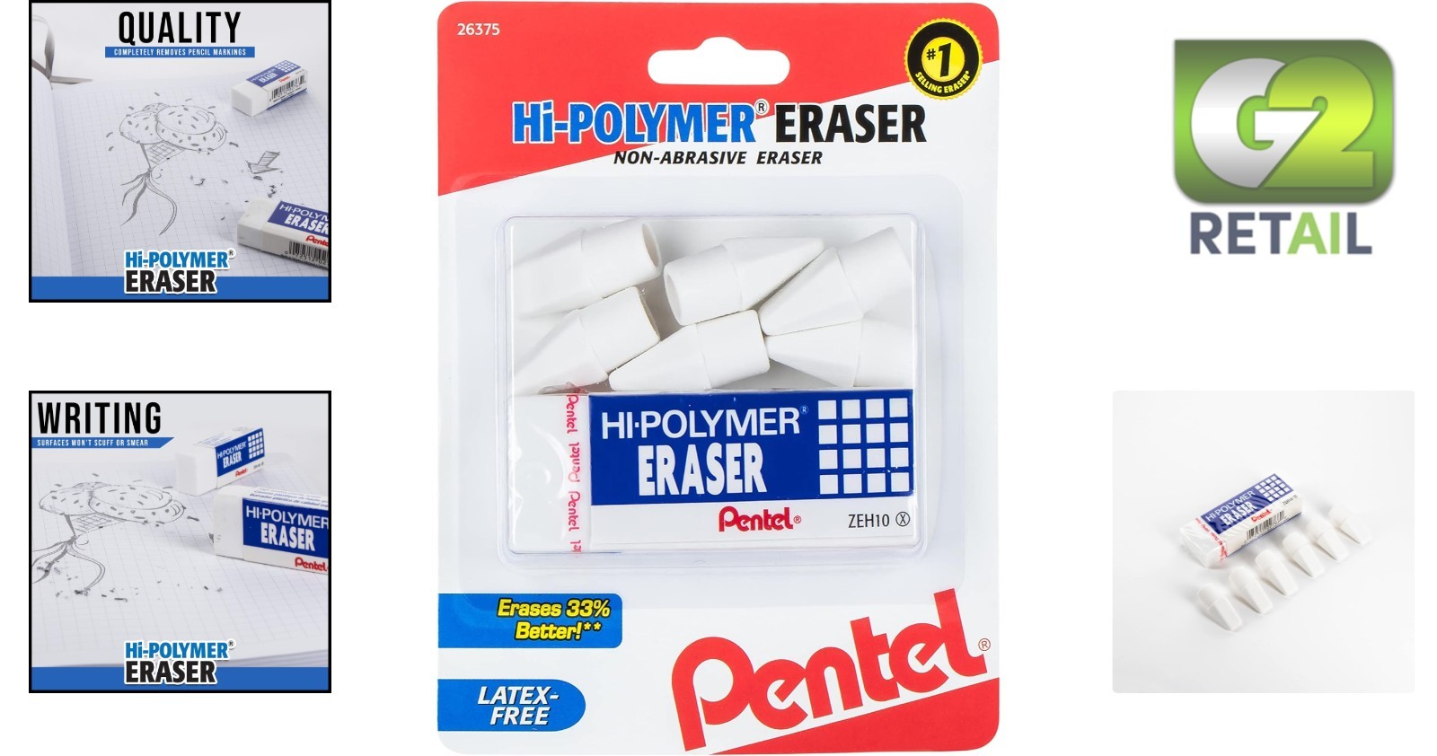 Ultimate Hi-Polymer Eraser Pack: 6 Pencil Caps & Large Block – Smudge Free