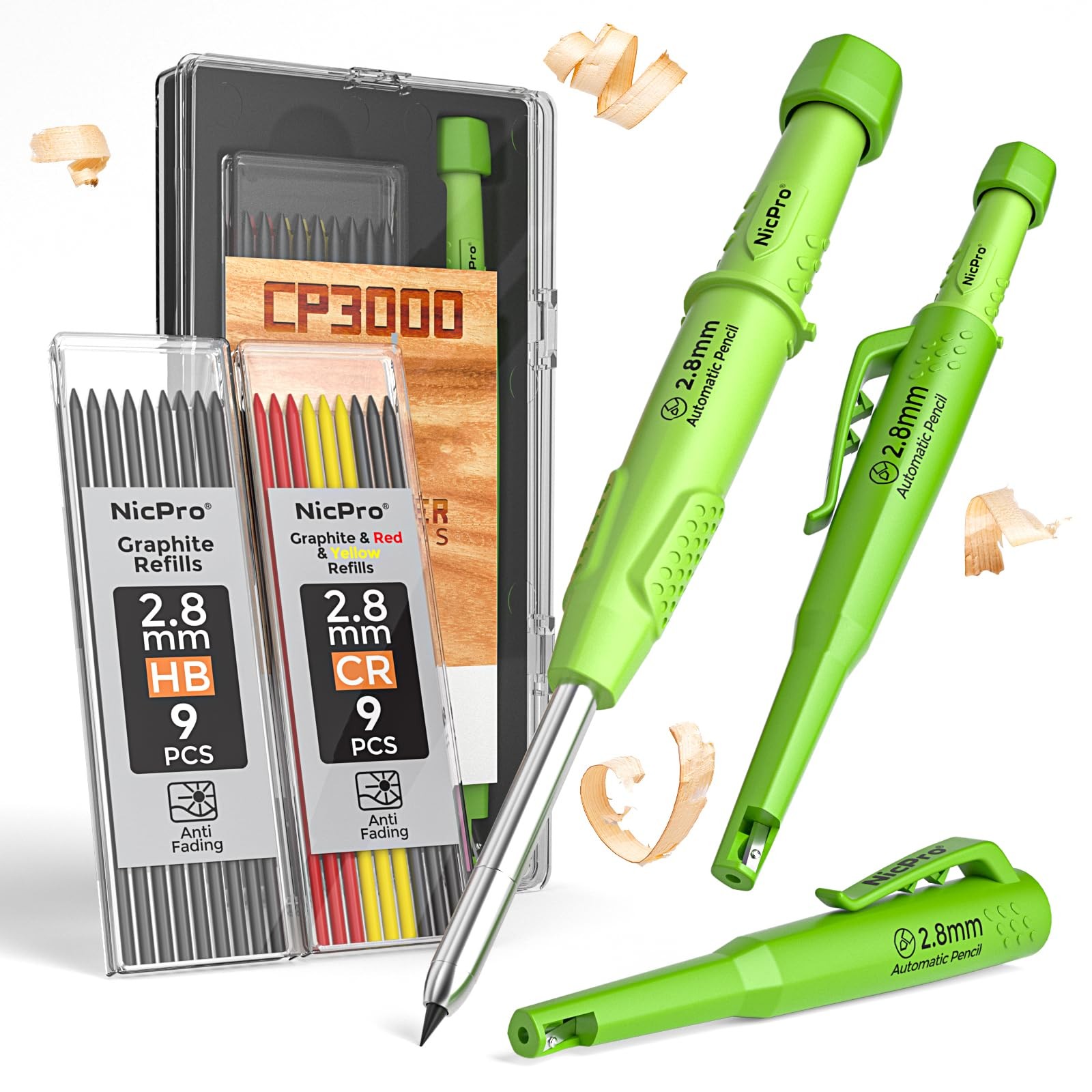Nicpro CP3000 Carpenter Pencil with Sharpener, 2.8 mm 1 Pack, Green