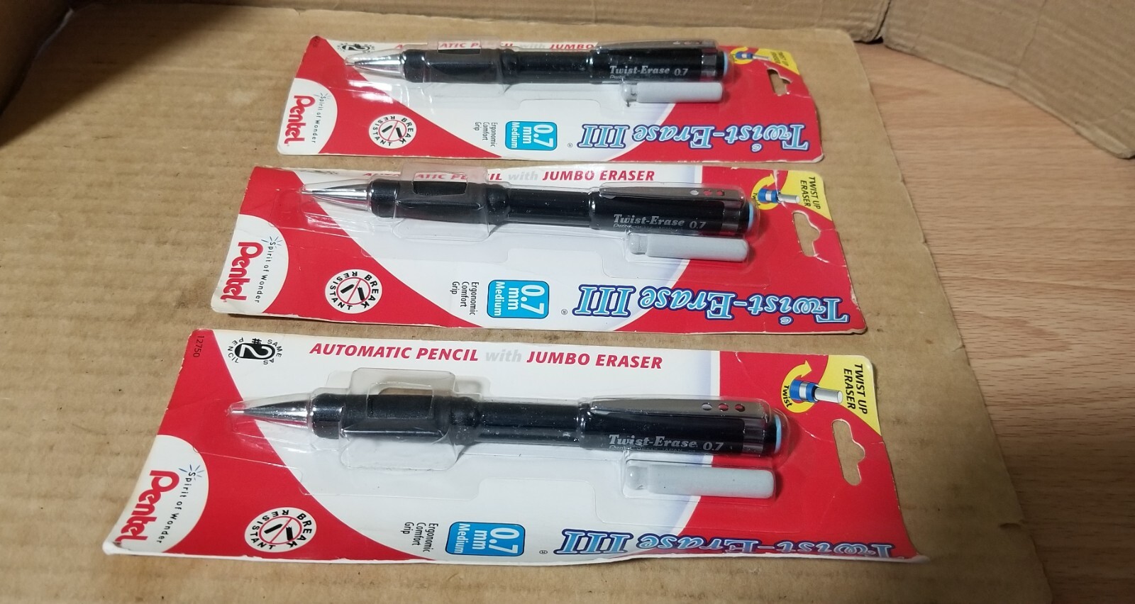 3PK Pentel Twist Erase III Automatic Pencil 0.7mm Black Barrels, NOS