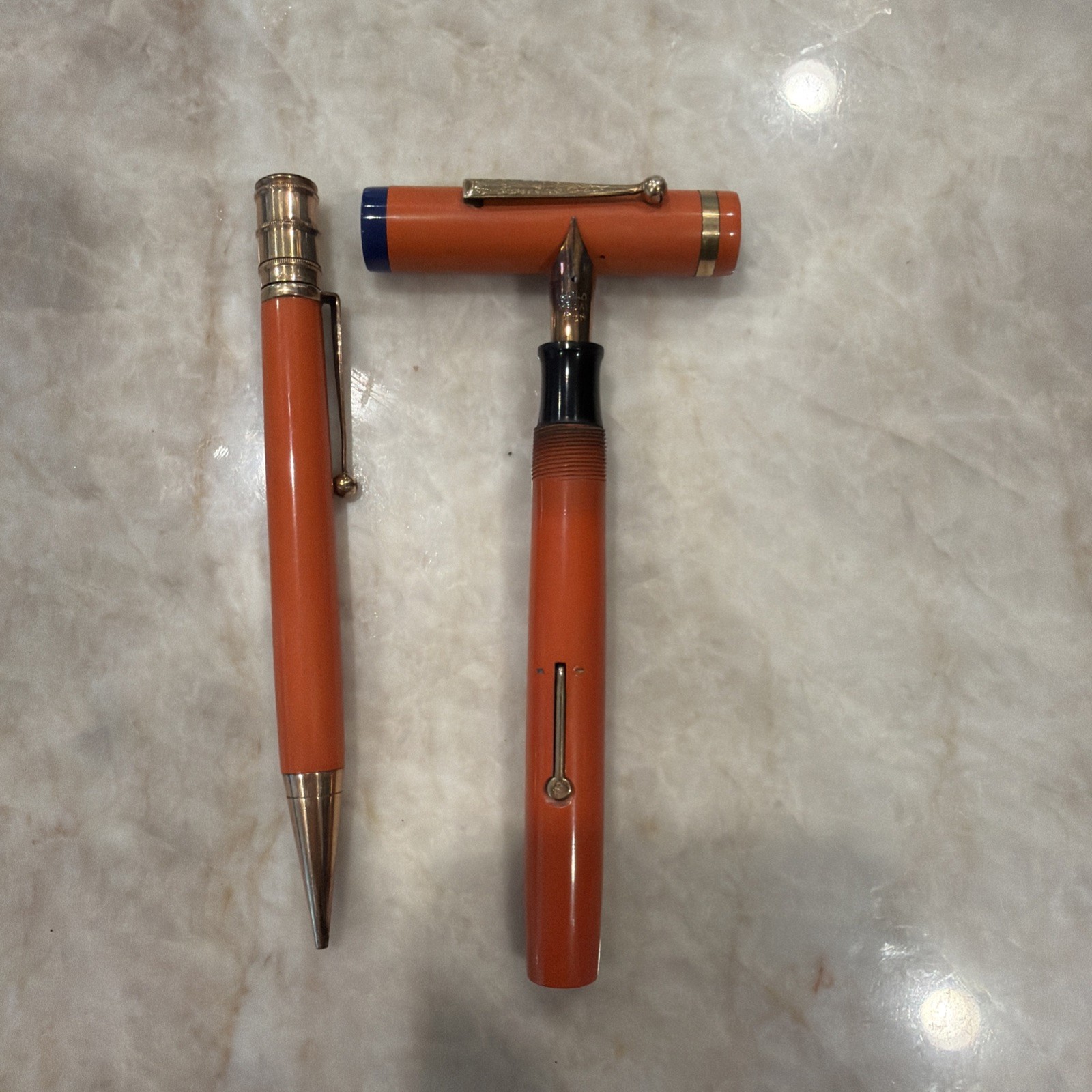 Gold Medal Vintage Red Orange Hard Rubber Pencil And Oversized Fountain Pen Set