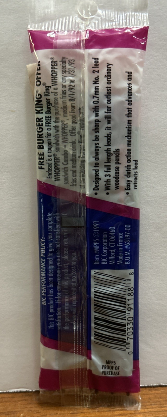 BIC Mechanical Pencils .7 mm, 5 Ct, Burger King Promo 1991 NOS
