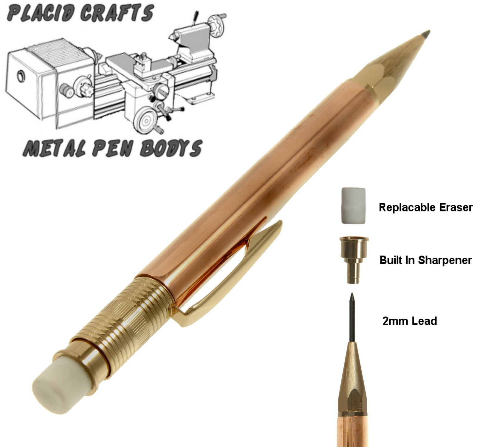 Throw Back Handcrafted 2mm Pencil in 24ct. Gold with Raw Copper Body / #341