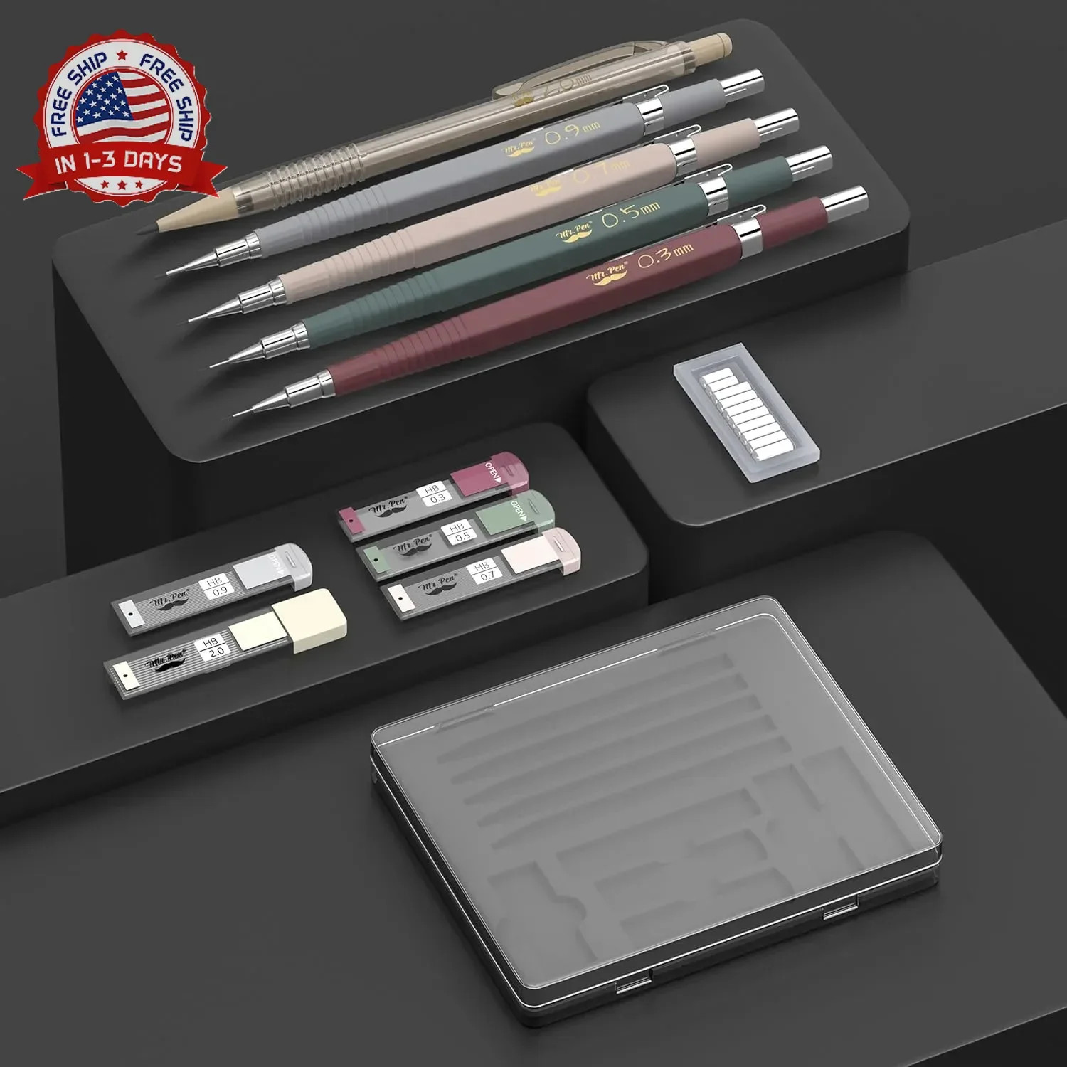 Mr. Pen- Art Mechanical Pencil Set, 5 Vintage Mechanical Pencils (0.3, 0.5, 0.7,