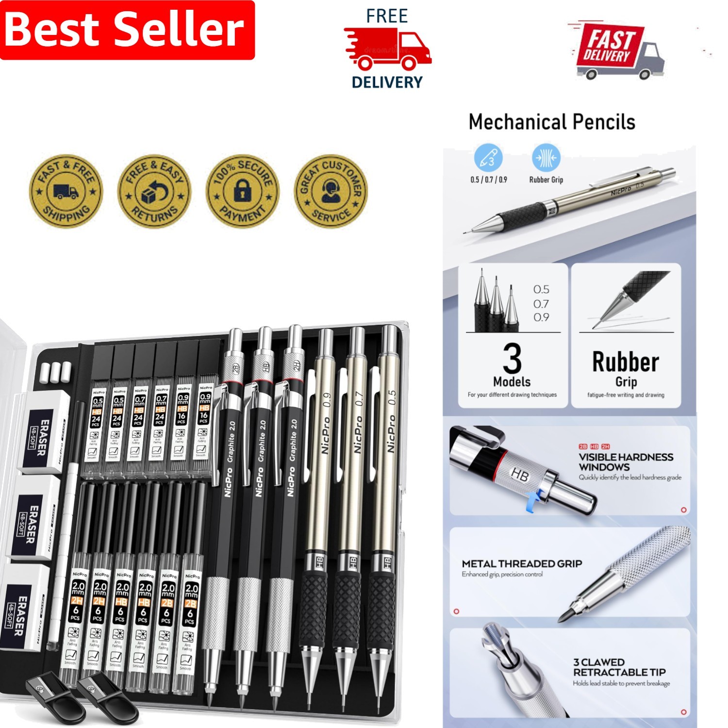 Luxurious Metal Mechanical Pencil Set with Lead Refills & Erasers Included