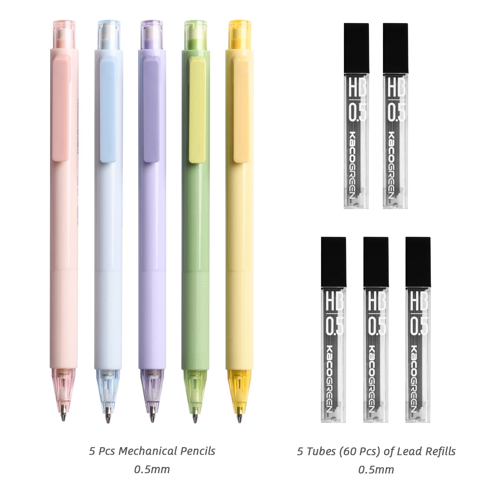 Mechanical Pencil Set, 5 Pieces Cute Pastel Pencils 0.5 mm with 5 Tube HB Lea…