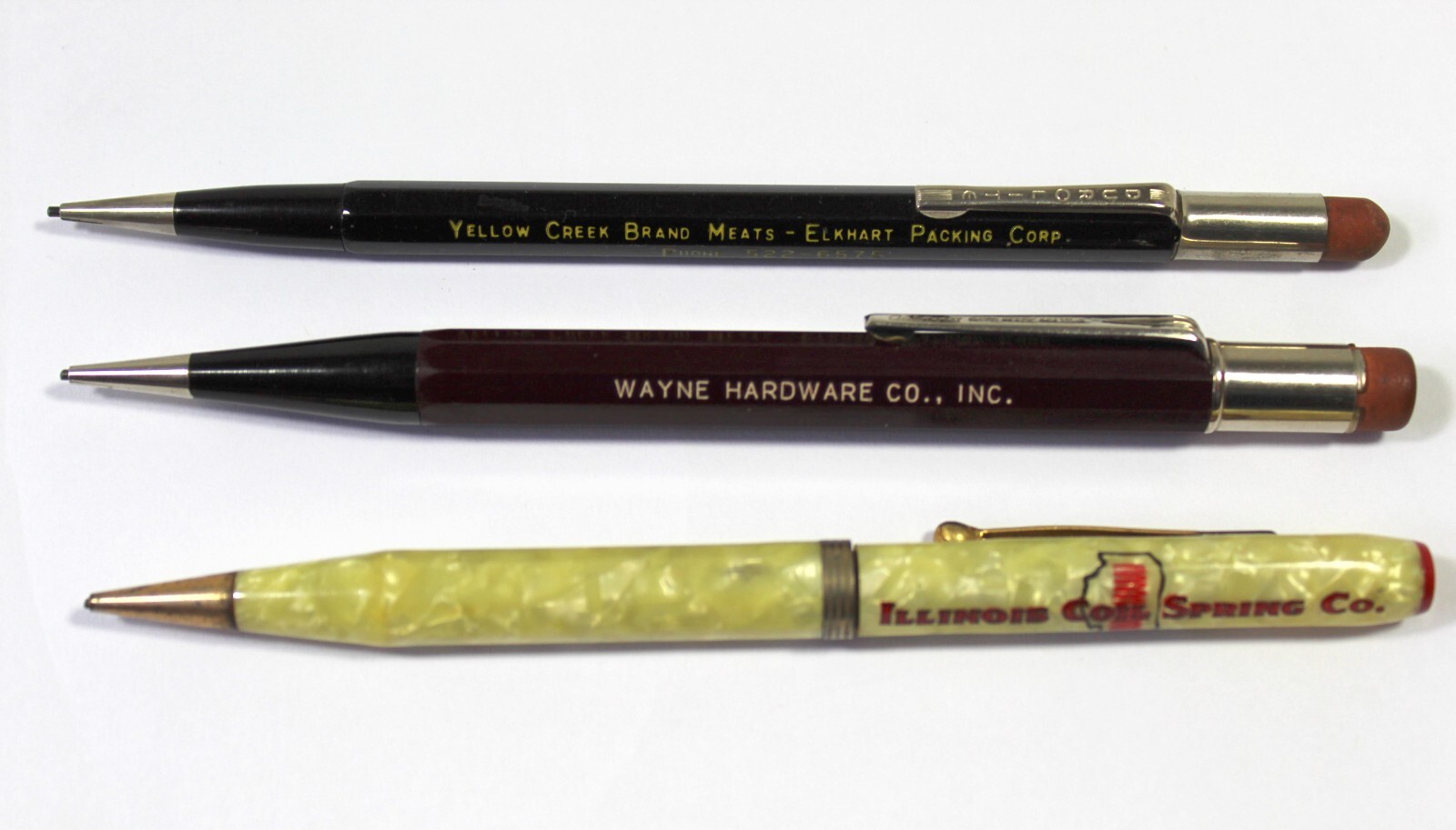 Lot of 3 Advertising Mechanical Pencils- Yellow Creek, Wayne Hardware, Ill Coil