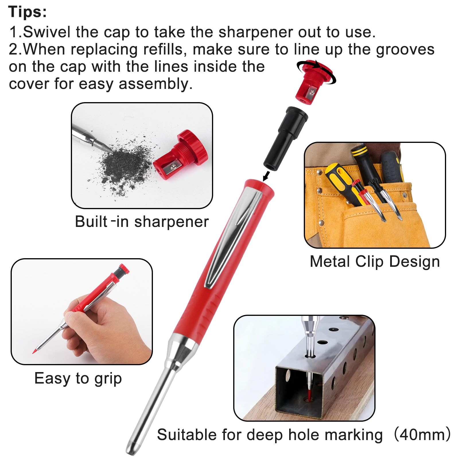 2 Pack Carpenter Pencils Mechanical 1 Count (Pack of 2), Black, Red