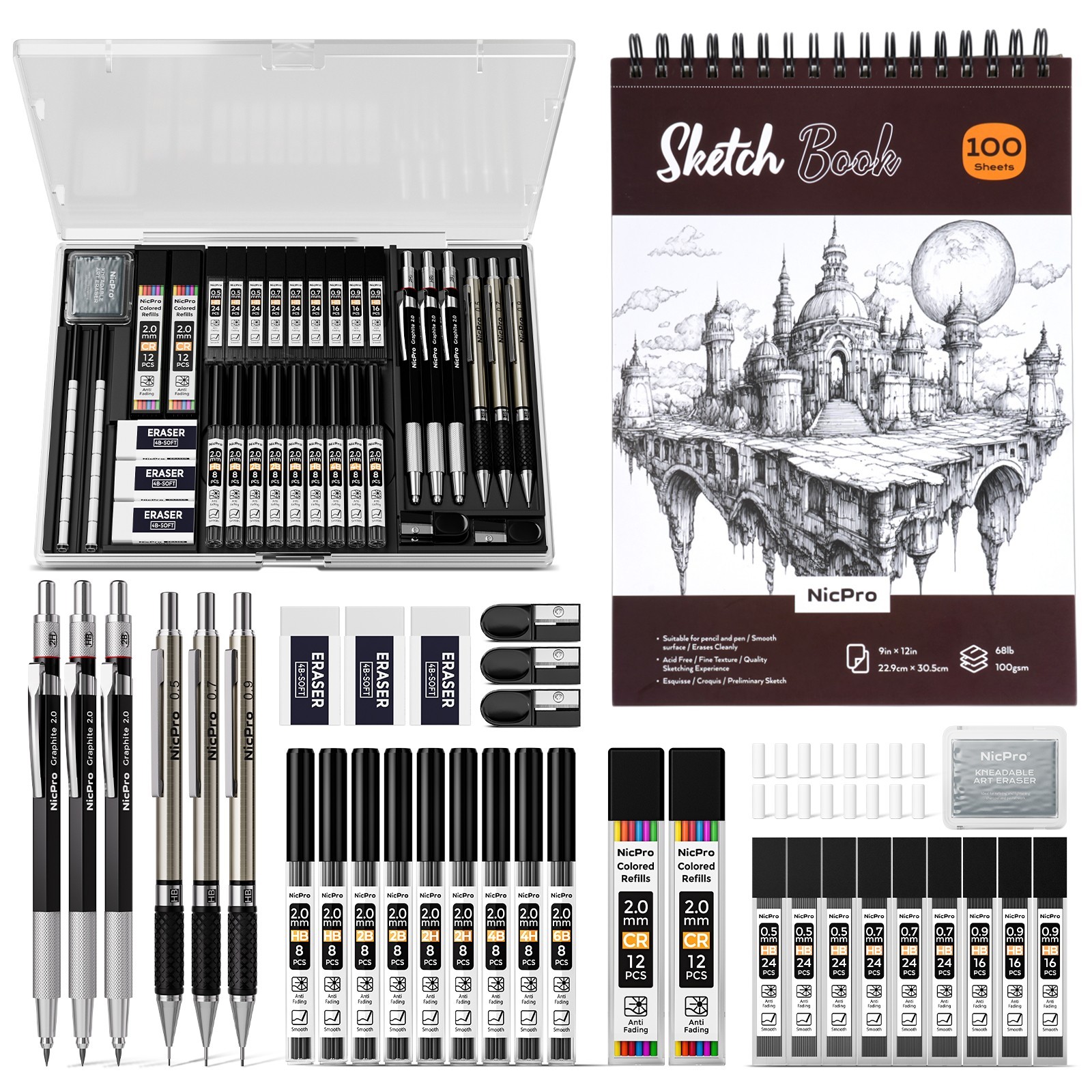 Nicpro 37PCS Art Kit: 0.5-2mm Pencils + 100pg Sketch Book + 288 Lead Refills