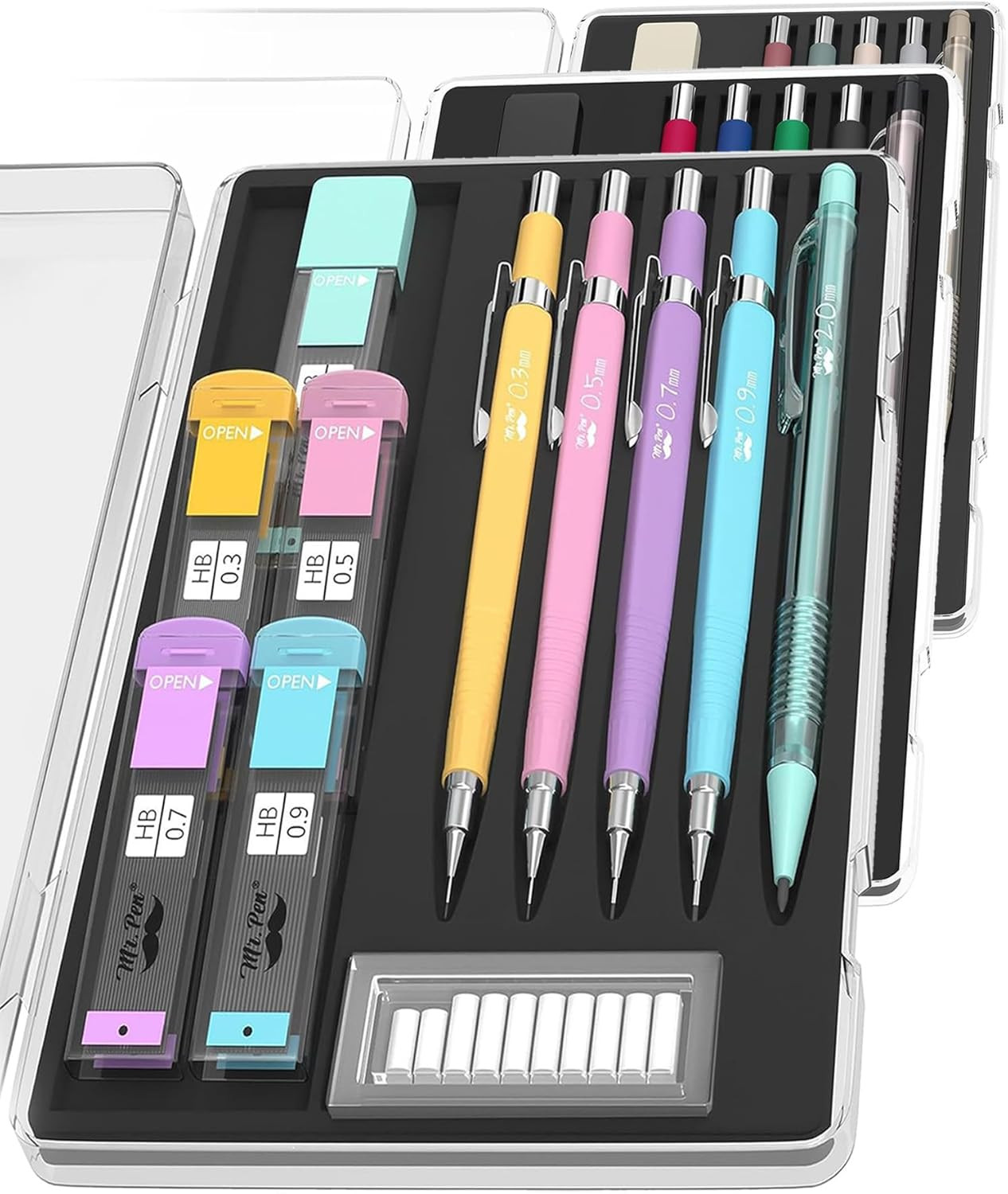 – Pastel Mechanical Pencil Set with Lead and Eraser Refills, 5 Sizes, 0.3, 0.5,