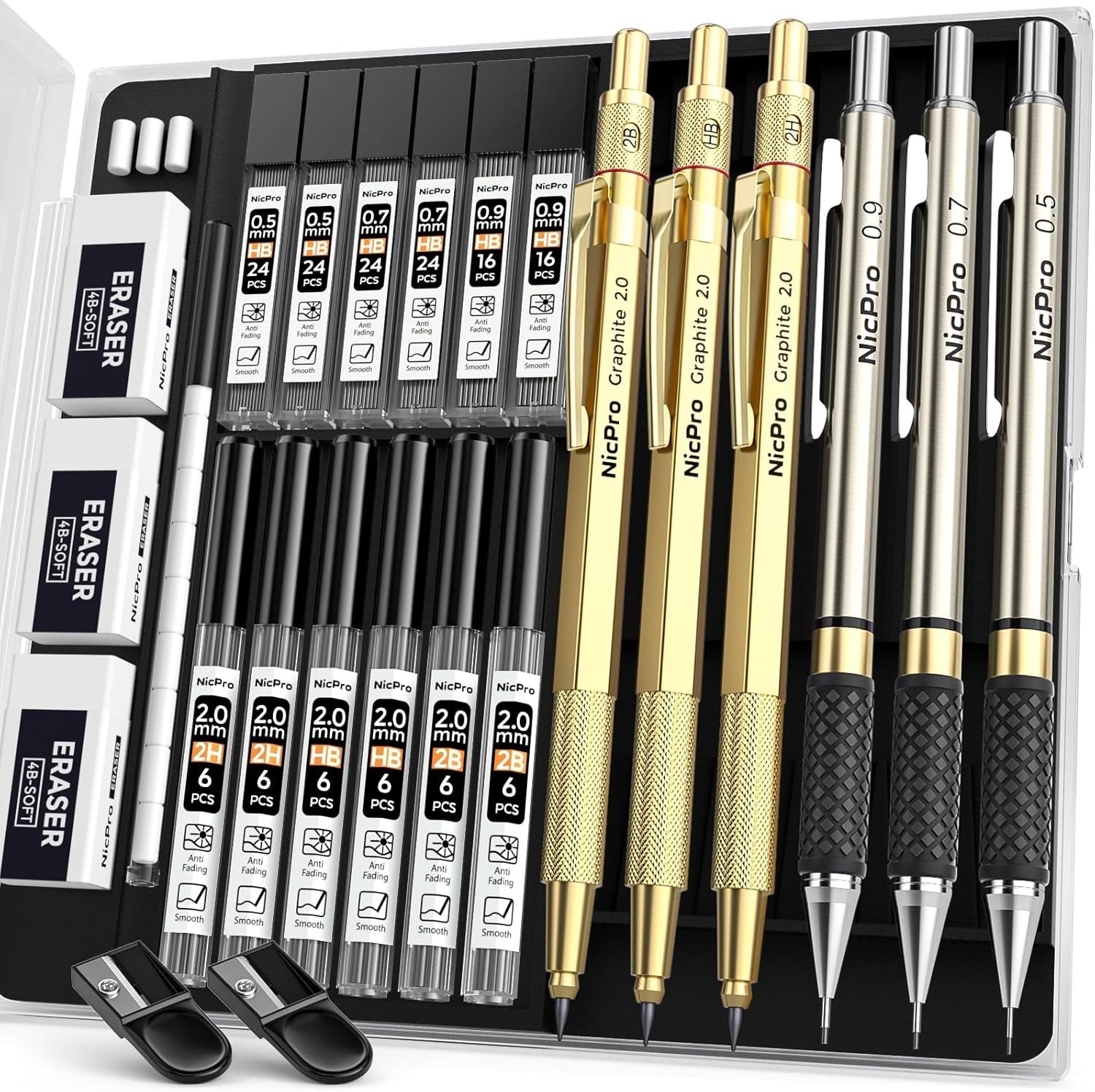 Gold Metal Mechanical Pencil Set 0.5mm to 2mm Lead Refills Drawing Sketching