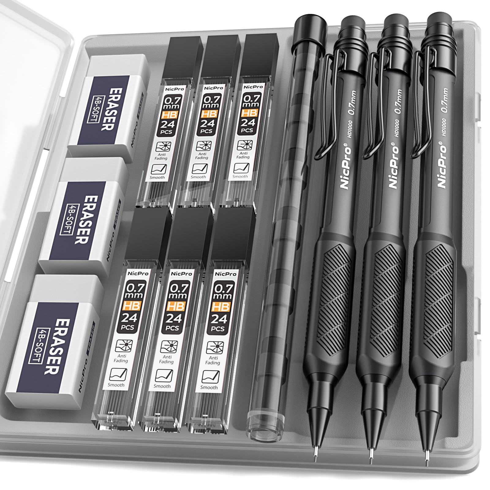 Nicpro 0.7 mm Mechanical Pencil Set with Case, 3PCS HD1000 0.7mm, Black