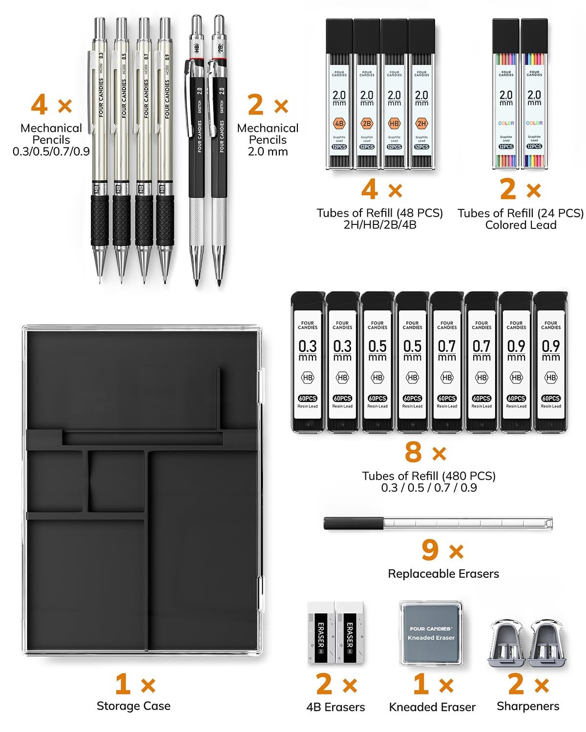 Four Candies 27PCS Mechanical Pencil Set with Case, Art 27 Pcs, Black+Silver
