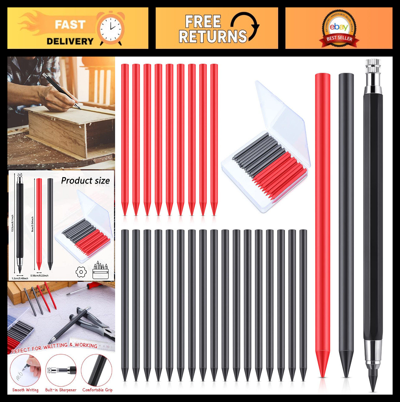36 Pcs Mechanical Pencil Set with 18 Black & 18 Red Refills for Drafting, Art &