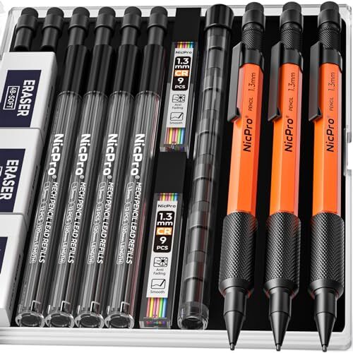 Nicpro 3 PCS 1.3 mm Orange Mechanical Pencils Set with 66 Lead Refill, 3