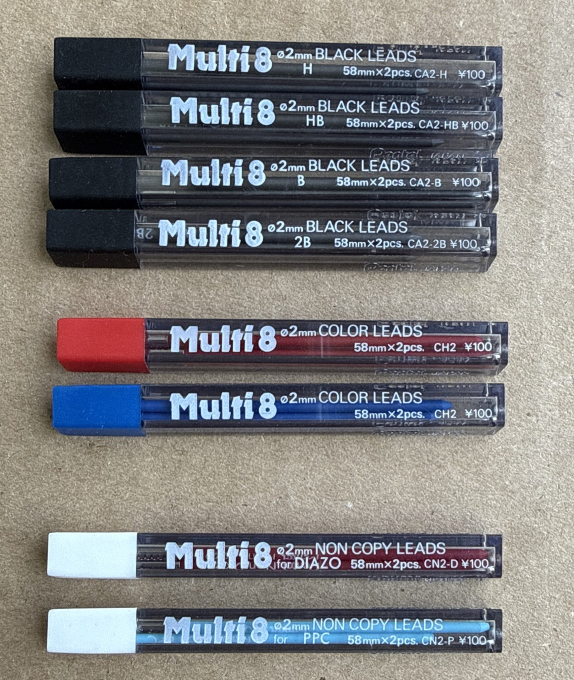 Pentel Multi8 2mm Color Leads 2x58mm LOT of 8 Tubes Refill Black Red Blue