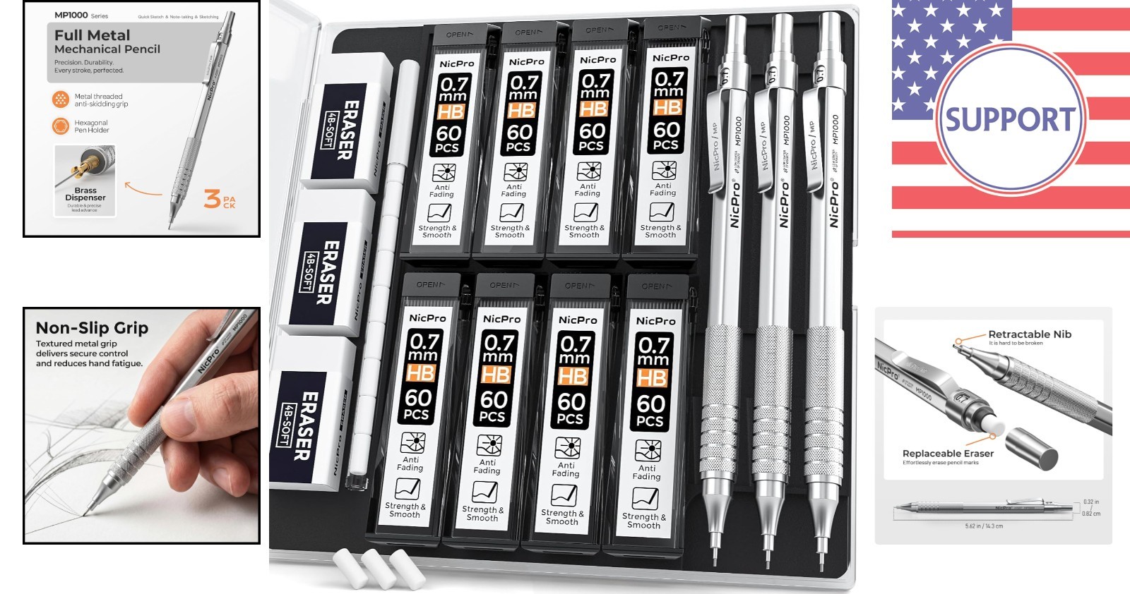 MP1000 Mechanical Pencils with Durable Brass Lead & Comfort Grip for Artists