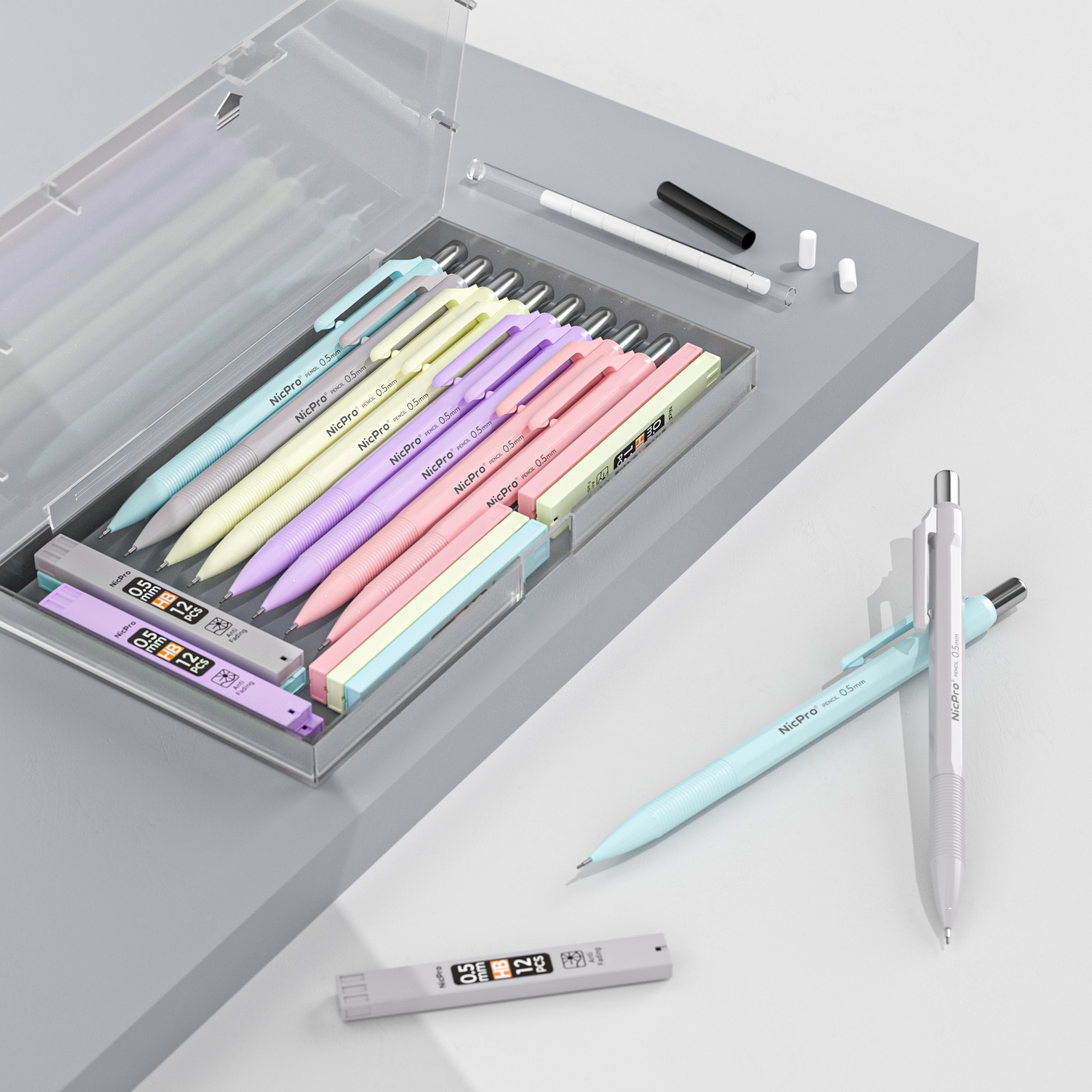 Nicpro 10PS 0.5mm Pastel Drafting Pencils + Case, 10 HB Refills, 12 Erasers
