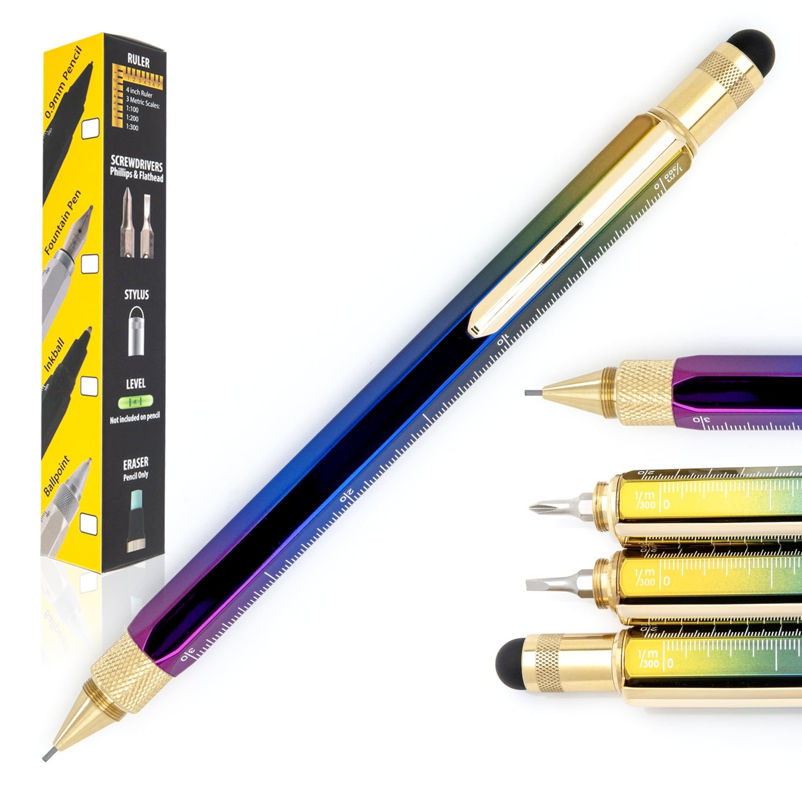 USA 9-in-1 Tool Mechanical Pencil in Rainbow – PVD-Coated Multifunctional Pen…