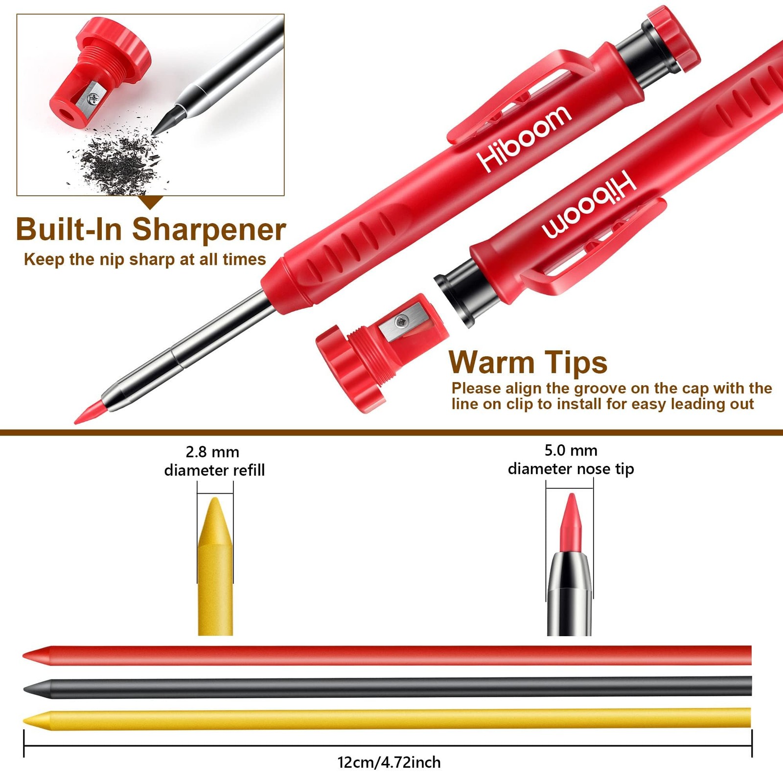 Hiboom 2 Pack Solid Carpenter Pencils with Pencil Cap and 22 Piece Set, Red