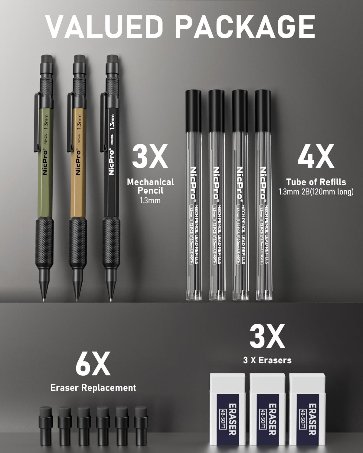 3 PCS 1.3 Mm Mechanical Pencil Set 3 Colors with 48 Lead Refill, 3