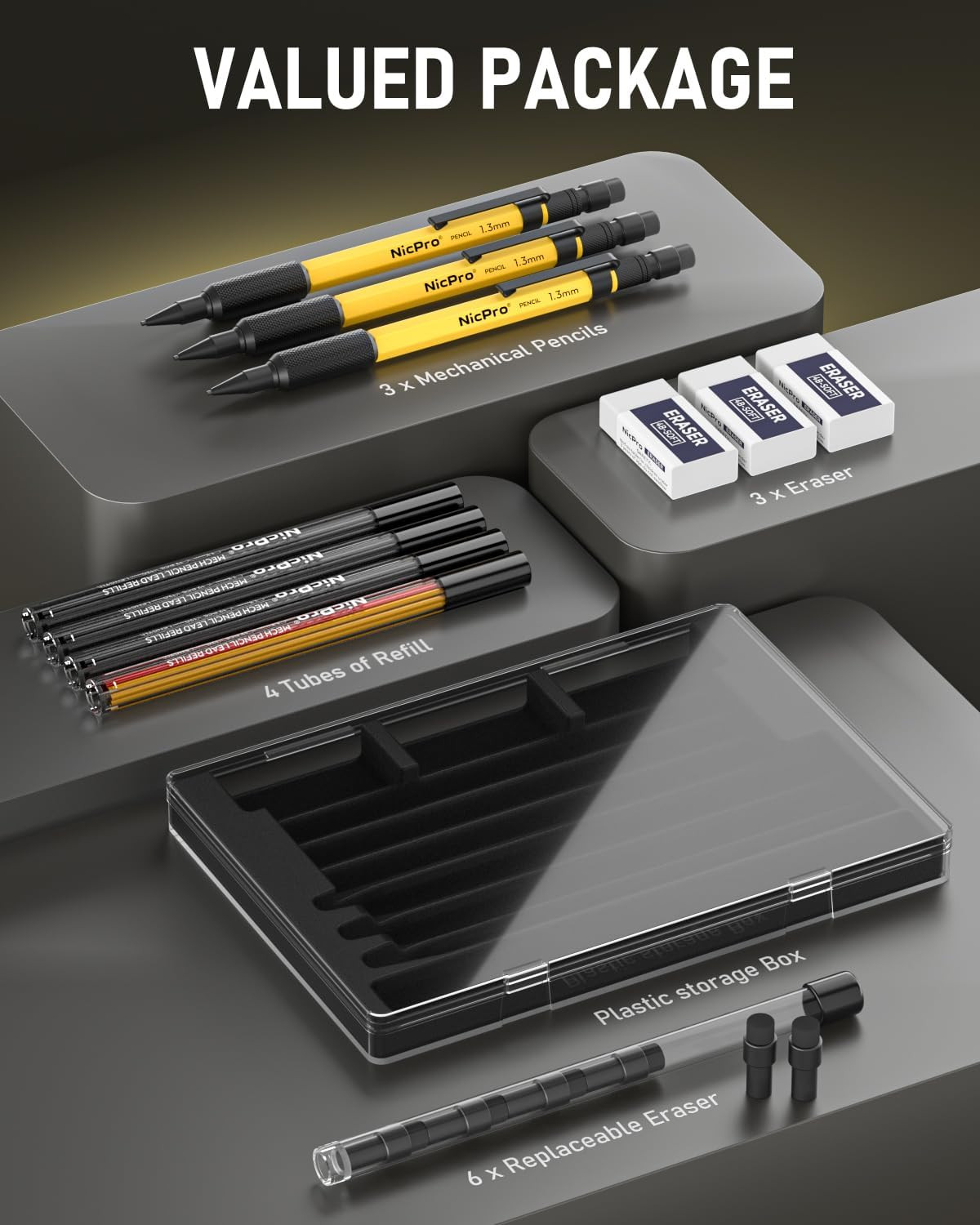 Nicpro 3 PCS 1.3 Mm Mechanical Pencil Set with 48 Lead Refills, 3 Eraser – Weath
