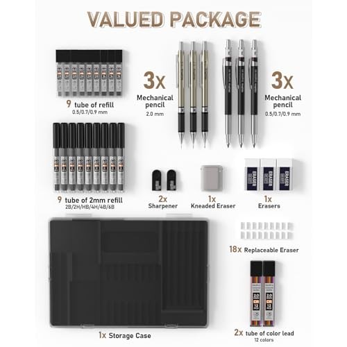 35PCS Art Mechanical Pencil Set, 3 PCS Metal Drafting Black 0.5 0.7 0.9 2.0