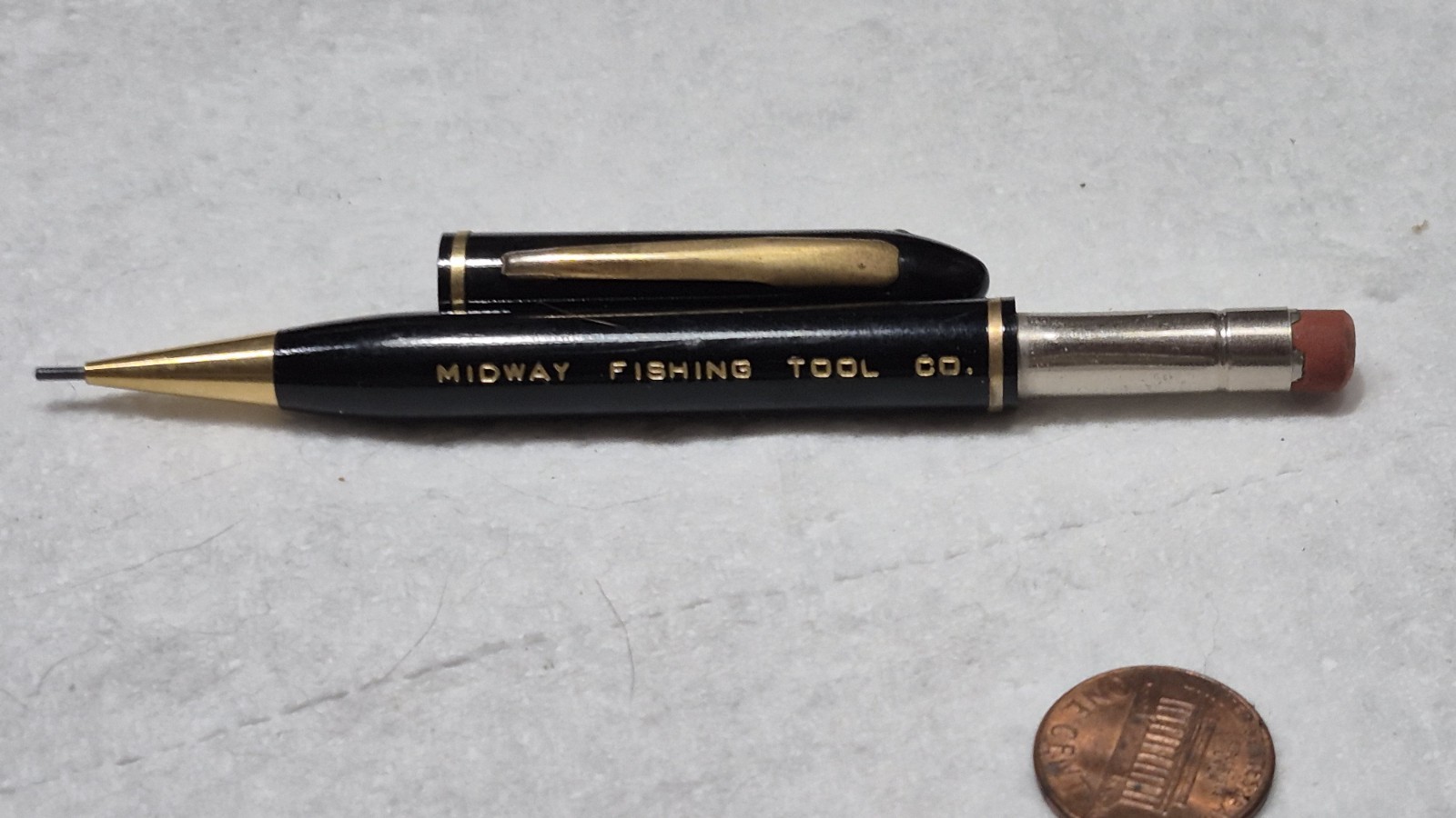 “Midway Fishing Tool Co.” Black/Polished Brass Trim Working Mech Pencil
