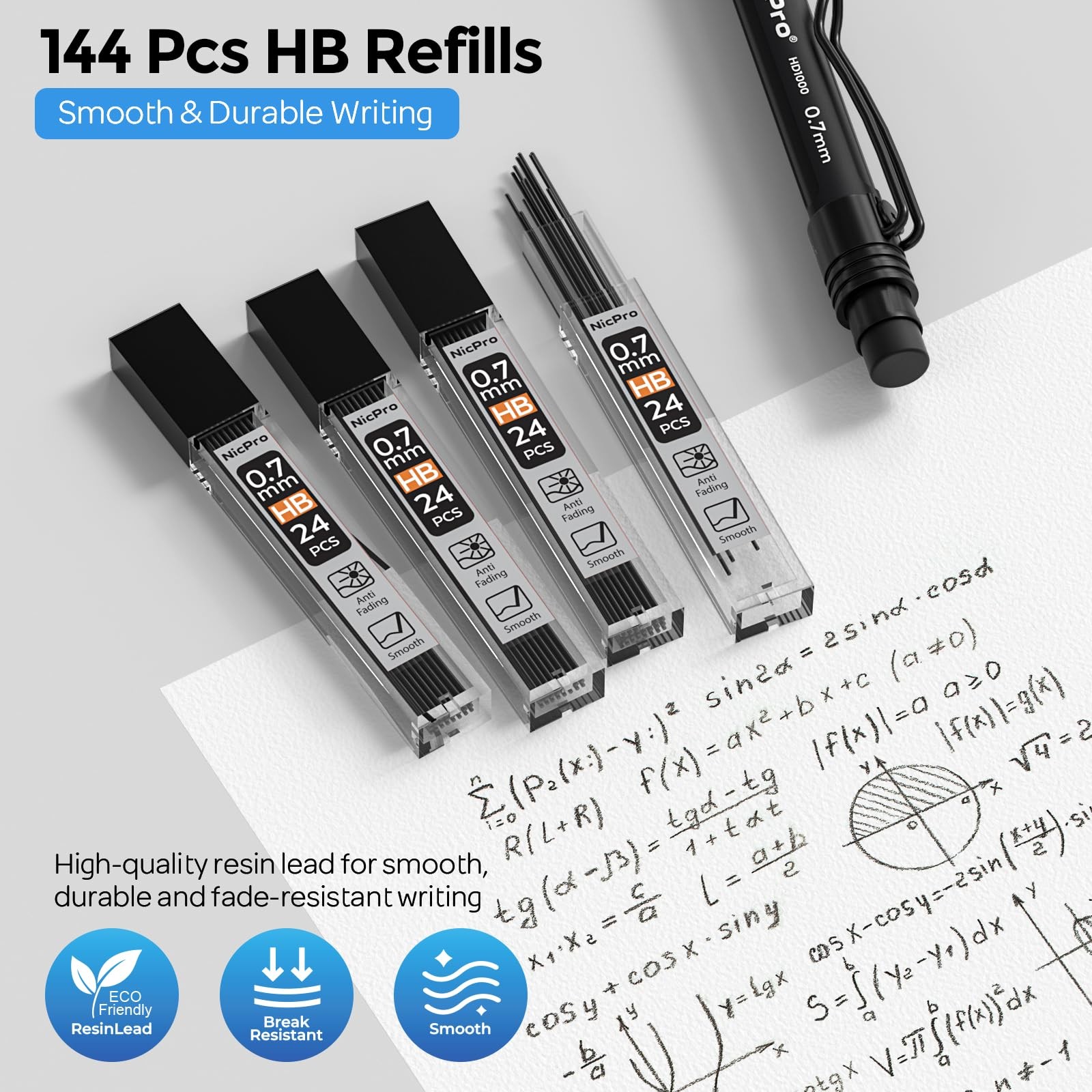 Nicpro 0.7 mm Mechanical Pencil Set with Case, 3PCS HD1000 0.7mm, Black