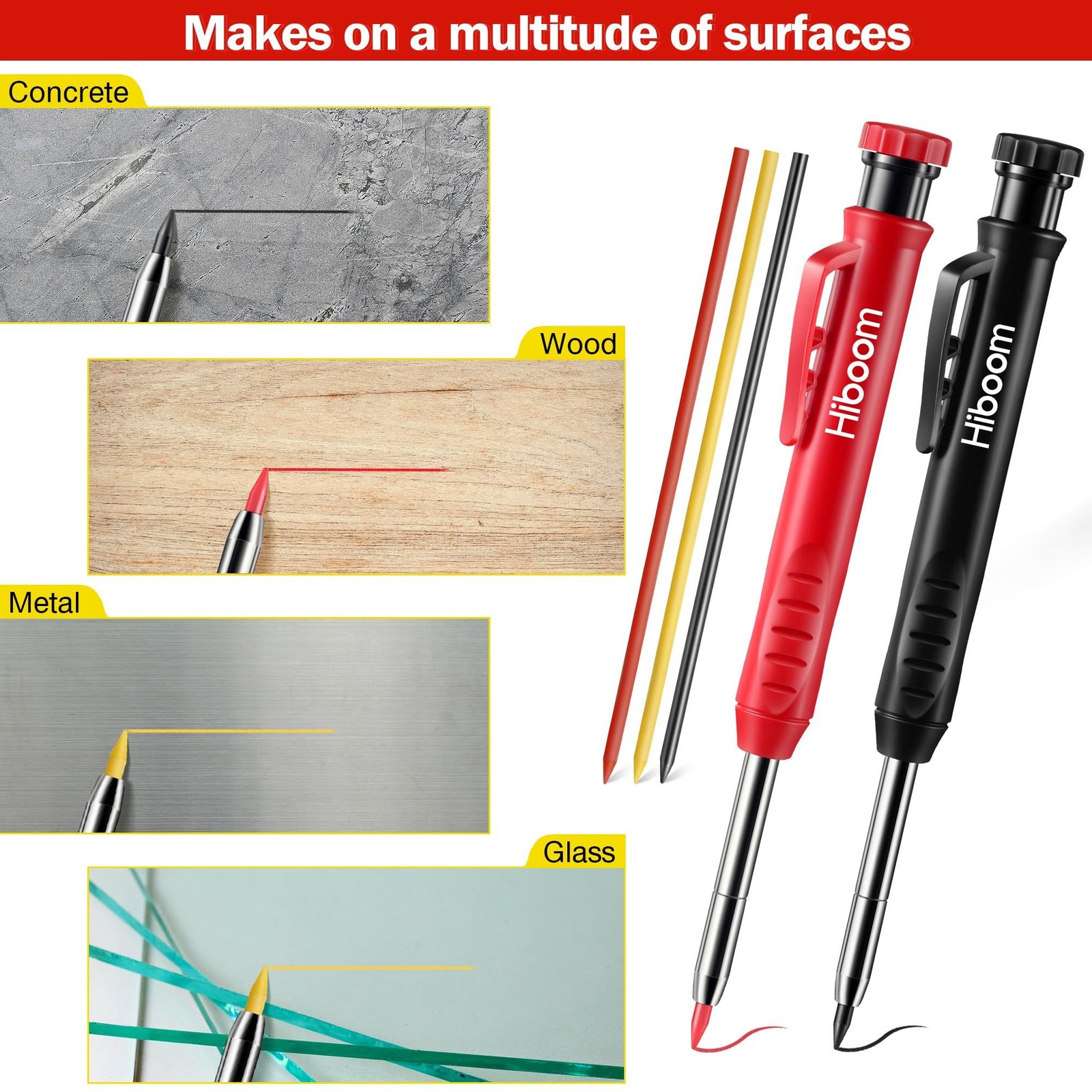 Hiboom 2 Pack Solid Carpenter Pencil with 14 Refill Long Nosed Deep Hole