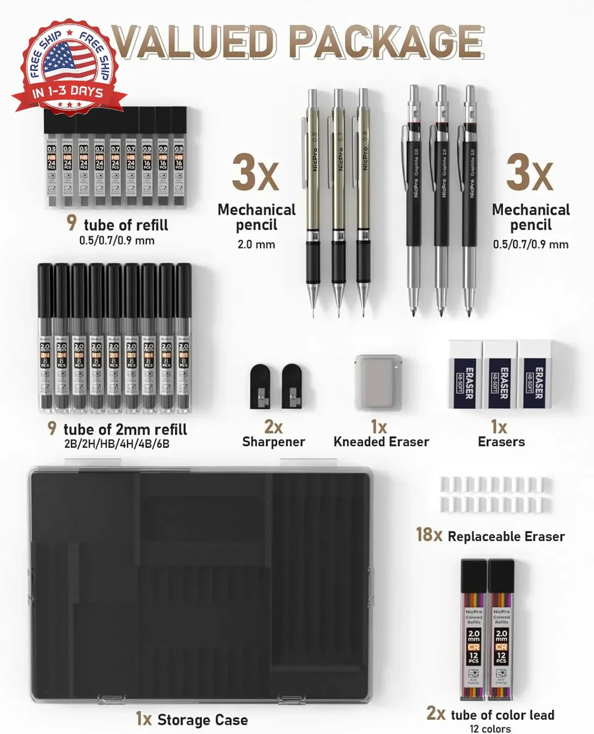 Nicpro 35PCS Art Mechanical Pencil Set, 3 PCS Metal Drafting Pencil 0.5 mm & 0.7